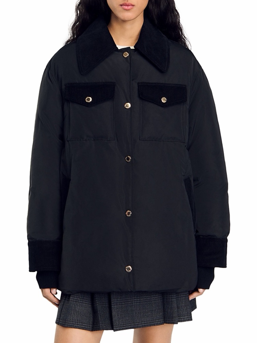 Sandro Black Quilted Puffer Jacket with Corduroy Trim
